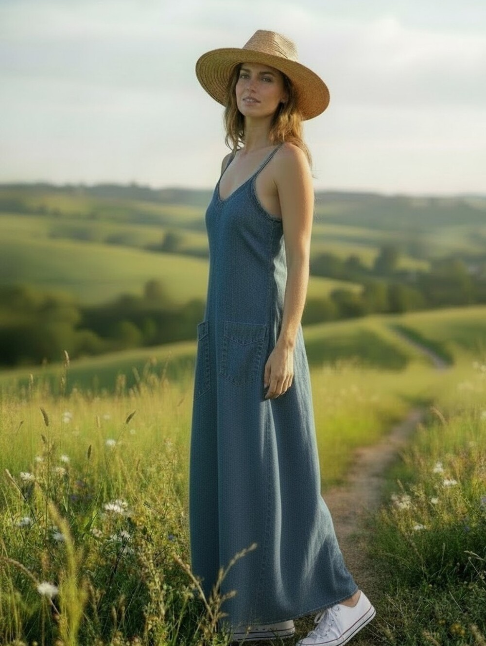 Indigo Light Blue Denim Slip Dress with V-Neck